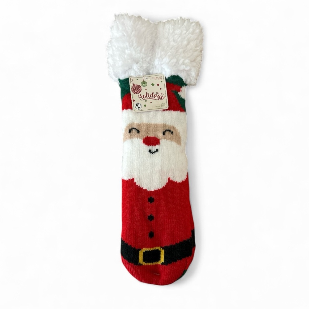 Santa Claus Faux Sherpa Lined Soft Non-Slip Red Green Slipper Socks Christmas